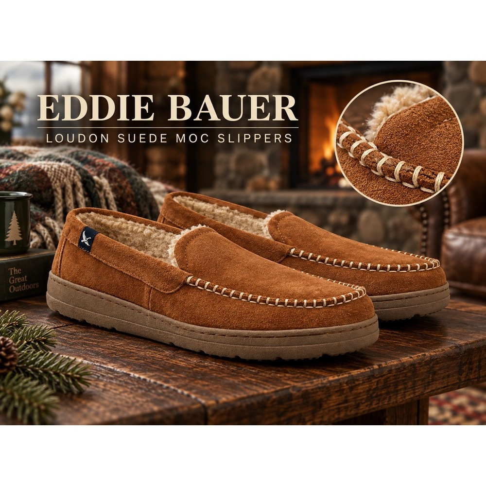 Eddie Bauer Loudon Mens Tan Suede Faux Fur Moccasin Slippers Size L 9.5-10.5